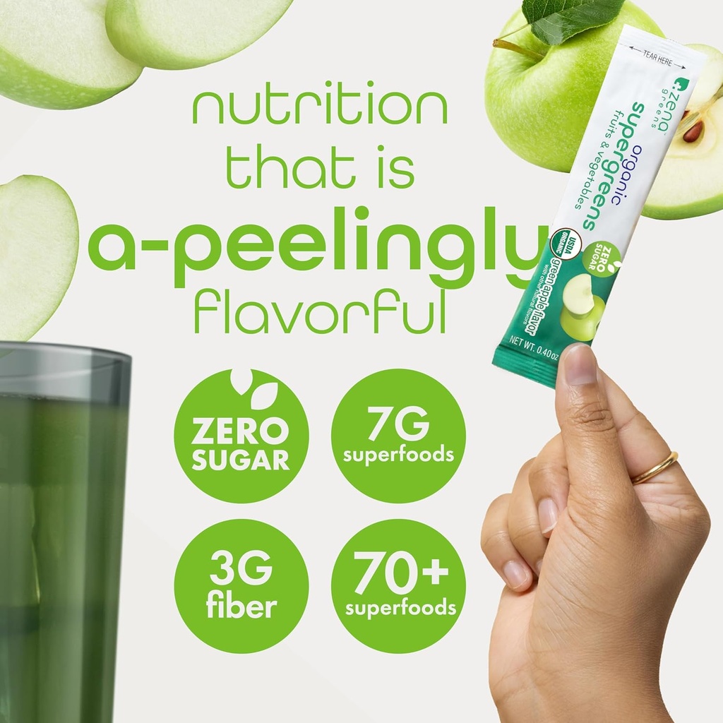 Zena Nutrition Organic Super Greens Powder, 70+ Superfoods, 0 Sugar, 3G Fiber, Spirulina, Chlorella, Antioxidants, Prebiotics/Probiotics, Digestive Enzymes, Green Apple, 30 Drink Mix Packets 4