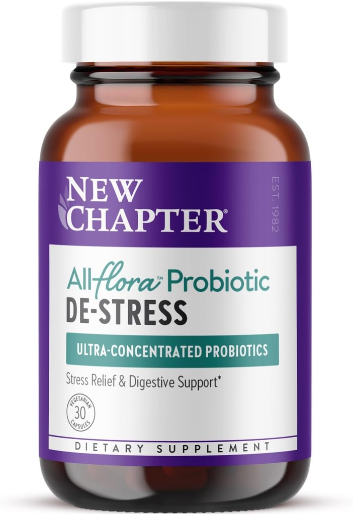 New Chapter All-Flora™ Probiotic De-Stress Formula with Clinical-Strength Ashwagandha - Dual-Action Probiotics for Digestive Health + Herbal Stress Relief Supplement*, 30 ct 2