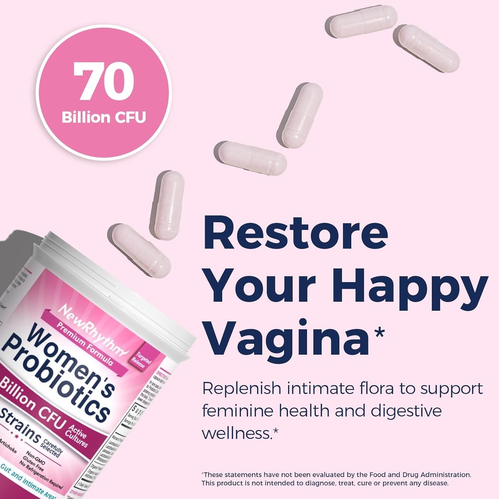 NewRhythm Women's Probiotics, Organic Prebiotics, 70 Billion CFU 10 Strains, Vaginal Probiotics for Urinary & Digestive Health, 30 Vegan Capsules, No Bloating 3