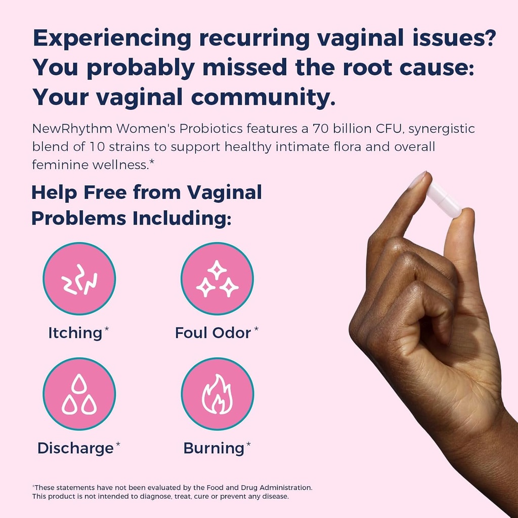 NewRhythm Women's Probiotics, Organic Prebiotics, 70 Billion CFU 10 Strains, Vaginal Probiotics for Urinary & Digestive Health, 30 Vegan Capsules, No Bloating 4