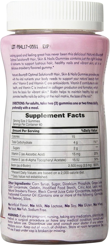 Natures Bounty Optimal Solutions, Hair, Skin & Nails Gummies with Biotin 80 Count (Pack of 2) 3