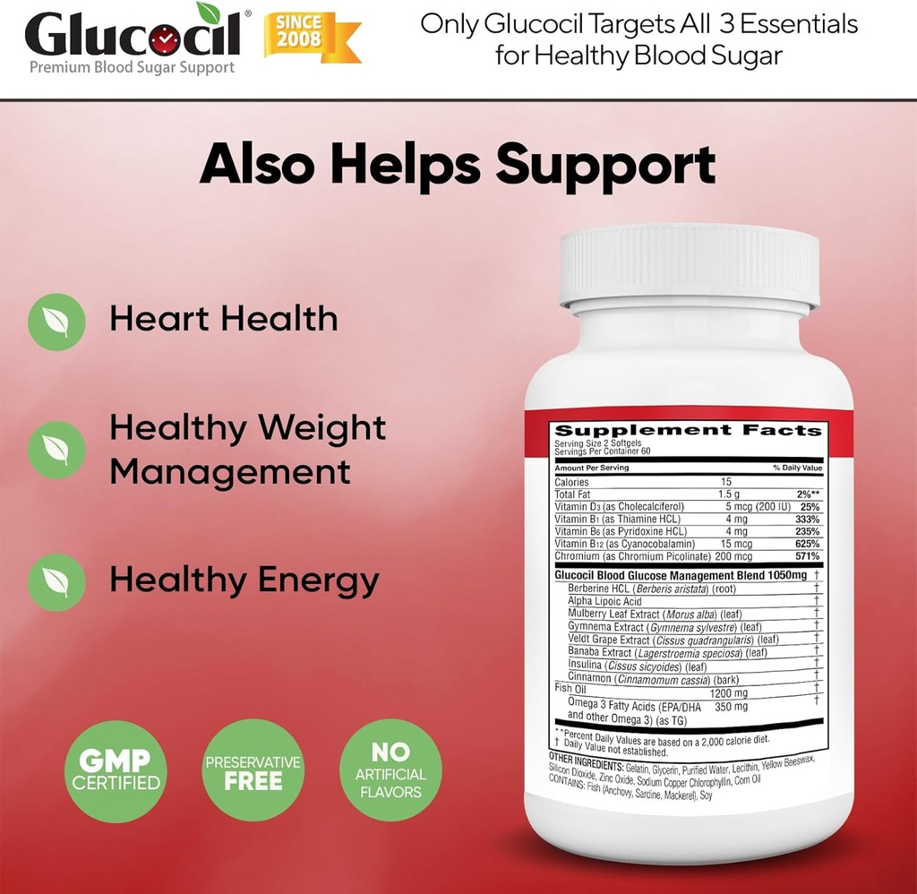 Glucocil – Softgels - Premium Blood Sugar Support - Over 2 Million Bottles Sold - Supports All 3 Blood Sugar Essentials - Since 2008, with Berberine, Proprietary Mulberry Leaf, and More, 2-Pack 5
