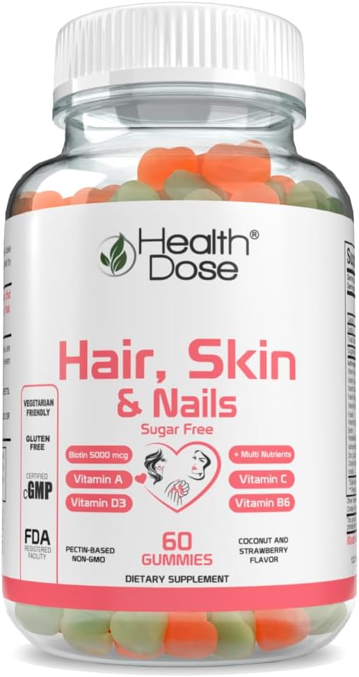 Health Dose Hair Skin Nails with Biotin 5000 mcg, Vitamin A,D3,C & B6, Gluten & Sugar Free, Coconut & Strawberry Flavor 60 Count Gummies. 2