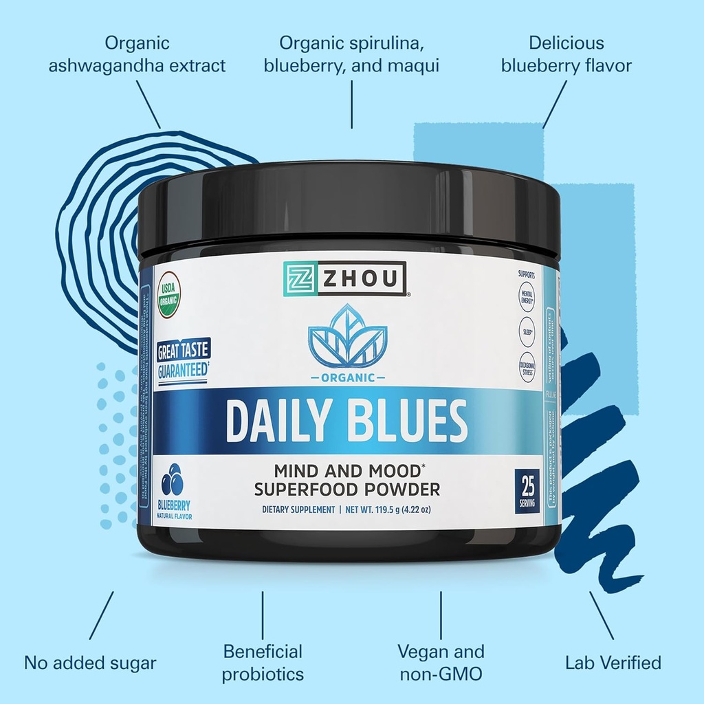 Zhou Daily Blues - Blue Spirulina Powder Organic, Blue Algae Energy Superfood Supplement for Smoothie, Vegan Drink Mix - Blueberry Flavor, 4.22 oz (25 Servings) 5