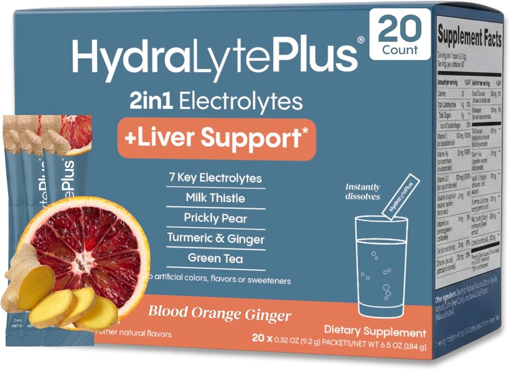 Hydralyte Liver Support + Electrolyte Mix with Milk Thistle, Turmeric, Ginger, Prickly Pear, Green Tea Extract Formulated for Rapid Rehydration (Blood Orange Ginger, 20 Packets) 2
