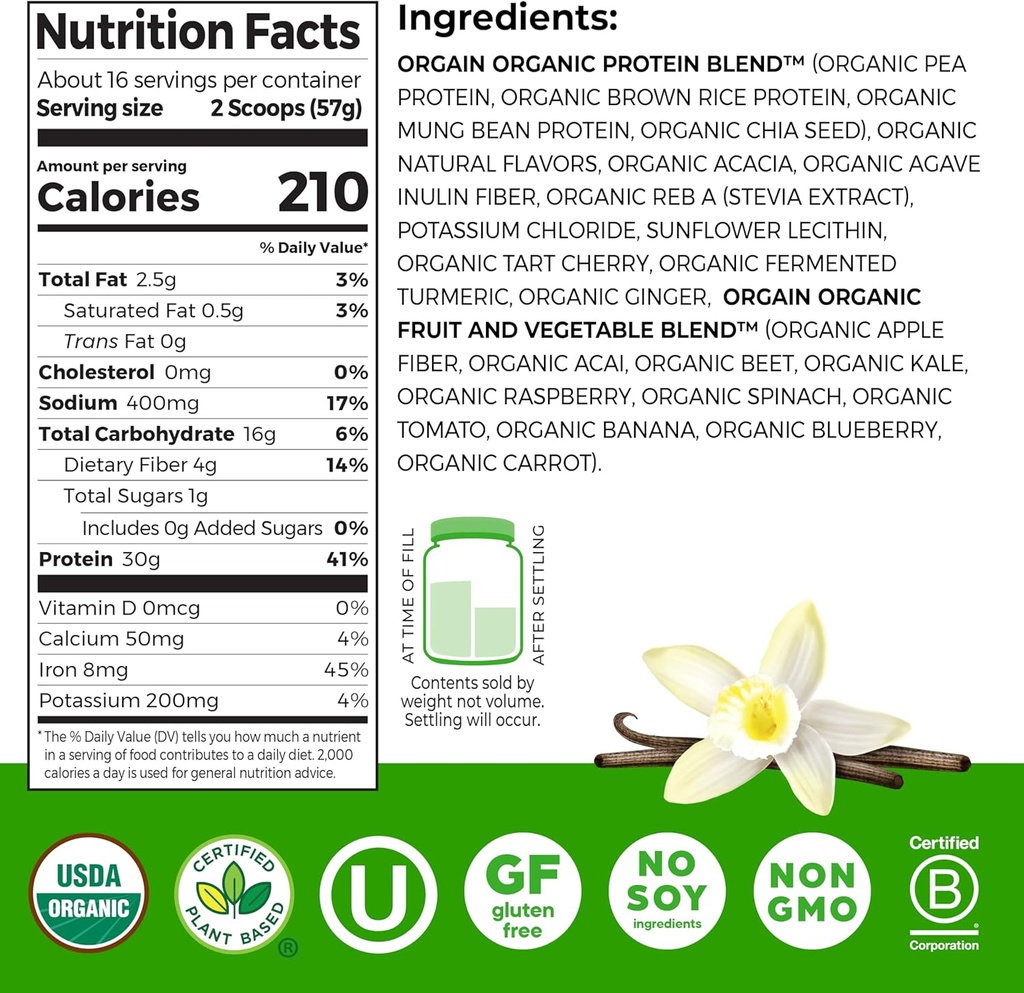 Orgain Organic 30g Vegan Plant Protein Powder, Vanilla, 9g EAAs + BCAAs, High Plant Protein, 4g Prebiotic + Fiber, 1g Sugar, Pre-Workout, Muscle Support + Recovery - 2.01lb (Packaging May Vary) 3
