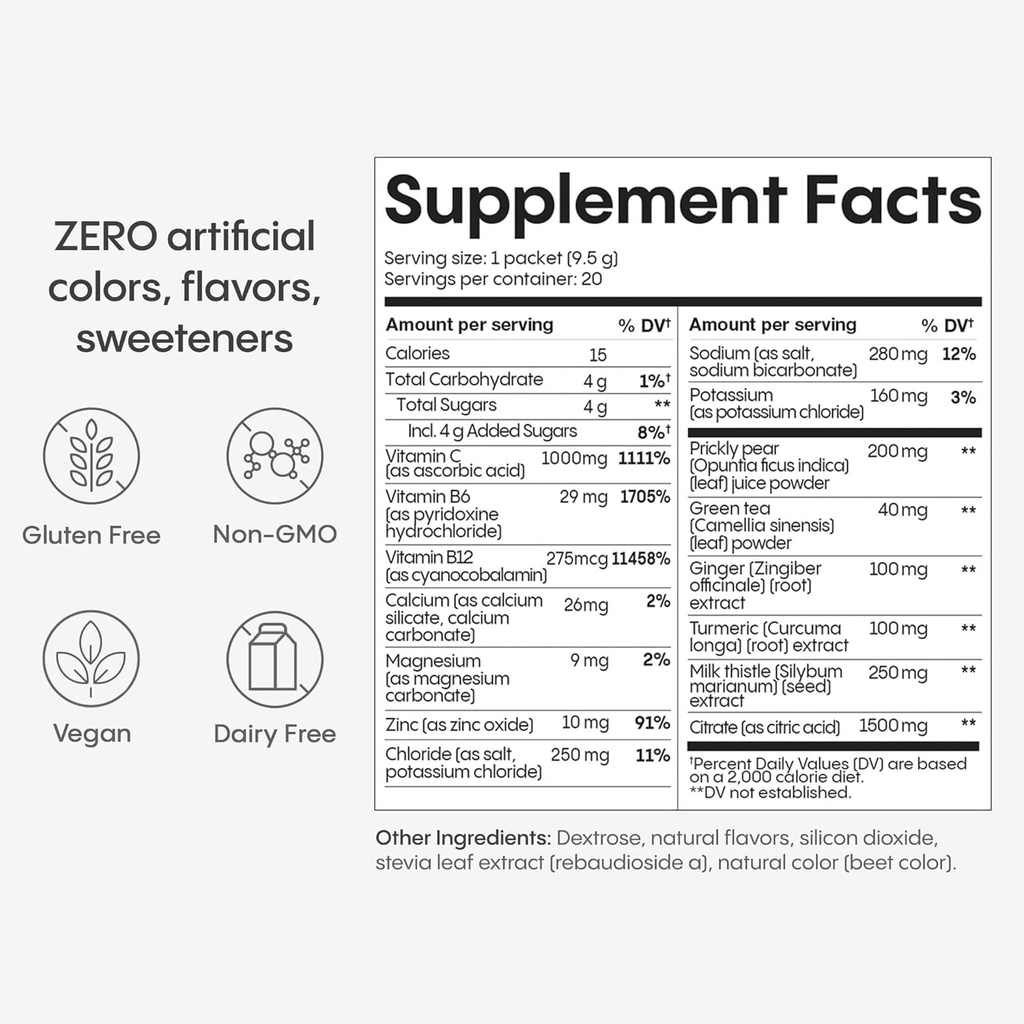 Hydralyte Liver Support + Electrolyte Mix with Milk Thistle, Turmeric, Ginger, Prickly Pear, Green Tea Extract Formulated for Rapid Rehydration (Blood Orange Ginger, 20 Packets) 3