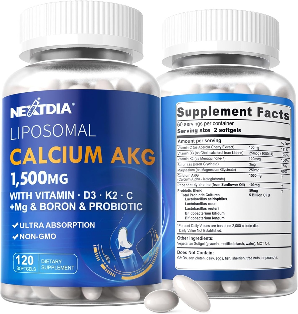 2 Pack Liposomal Calcium AKG Supplement 1500mg with Vitamin D3 & K2 for Women & Men, Calcium Supplement with Magnesium Glycinate, Boron, Probiotics & Vitamin C for Bone Strength & Energy, 240 Softgels 2