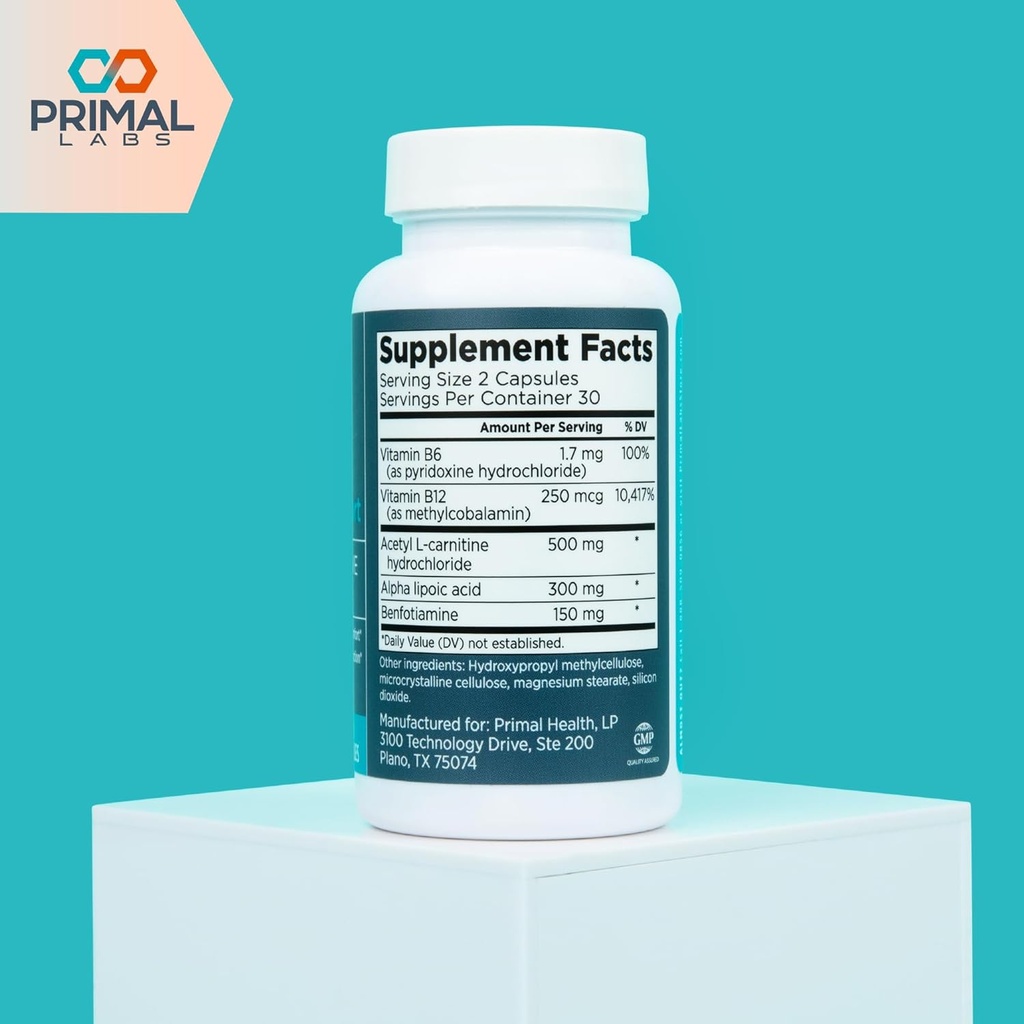 Primal Labs Advanced Nerve Support - Nerve Wellness Supplement with Benfotiamine, B6, B12, Alpha Lipoic Acid, Acetyl-L-Carnitine - Nerve Wellness, Feet, Legs, Sensory Function, Comfort - 60 ct. 6