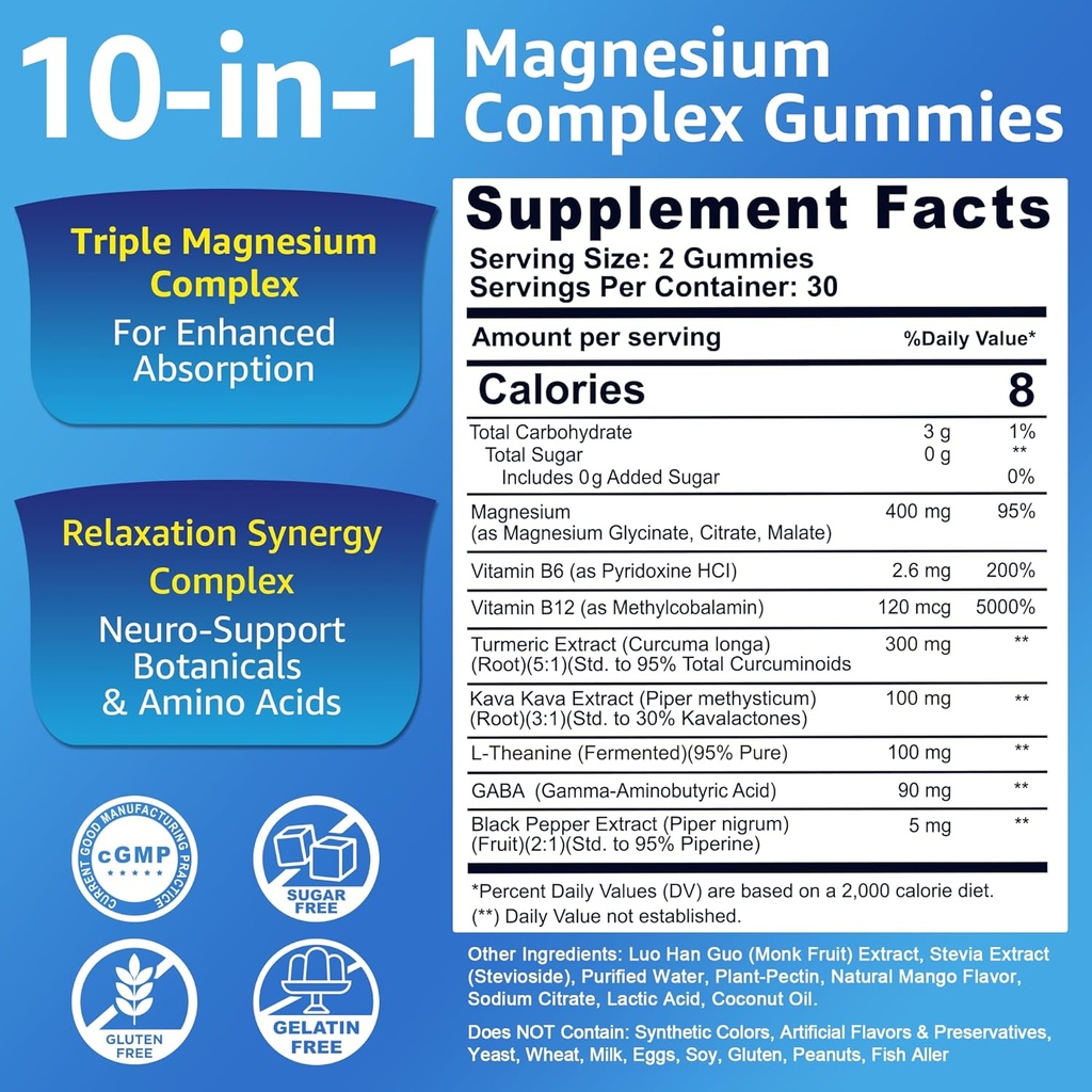 Magnesium Complex Gummies 400mg, Magneisum Glycinate Citrate Malate + Turmeric, GABA, B6 B12, Kava Kava, L-Theanine for Sleep, Calm, Relaxation, Energy, Magnesium Gummies for Women Men, Vegan, 2 Pack 3