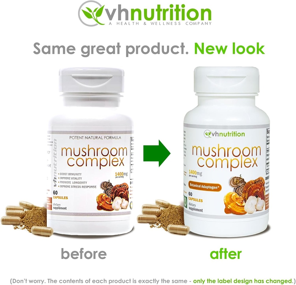 VH Nutrition Mushroom Supplement | Mushroom Complex for Vitality Support* 1400mg | Adaptagen Formula Includes: Lions Mane, Chaga, Reishi, Extracts | 60 Capsules 3