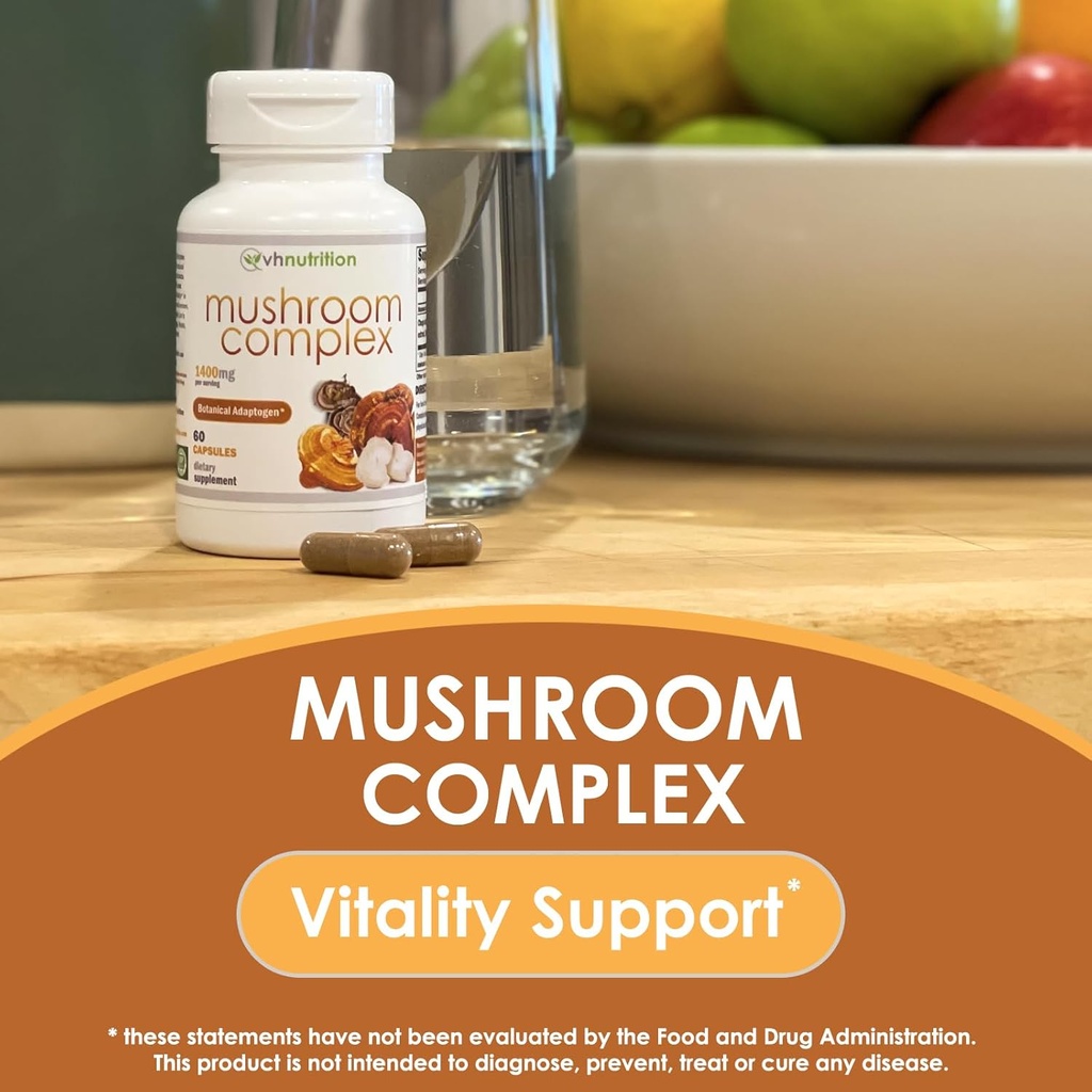 VH Nutrition Mushroom Supplement | Mushroom Complex for Vitality Support* 1400mg | Adaptagen Formula Includes: Lions Mane, Chaga, Reishi, Extracts | 60 Capsules 4