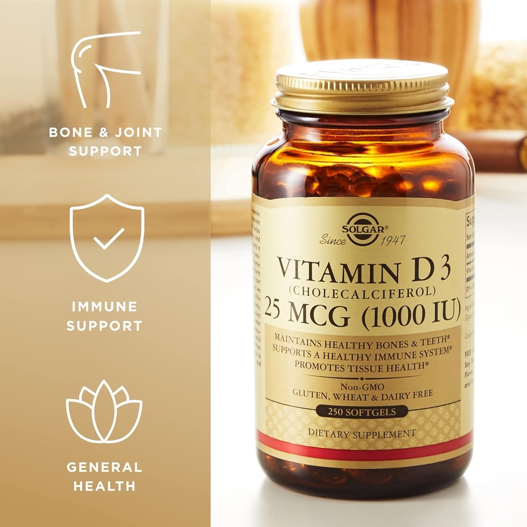 Solgar Vitamin D3 (Cholecalciferol) 25 MCG (1000 IU), 250 Softgels - Helps Maintain Healthy Bones & Teeth - Immune System Support - Non-GMO, Gluten Free, Dairy Free - 250 Servings 5