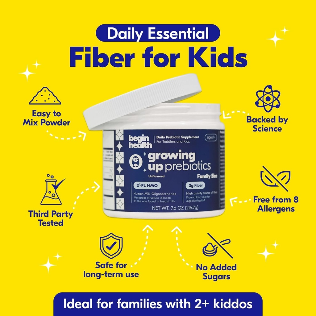 Begin Health Growing Up Prebiotics for Kids 56-Packs | Prebiotic Soluble Powder Stool Softeners and Digestive Gut Health Supplement | Ideal to Mix with Kids Daily Beverages and Soft Foods - Unflavored 5