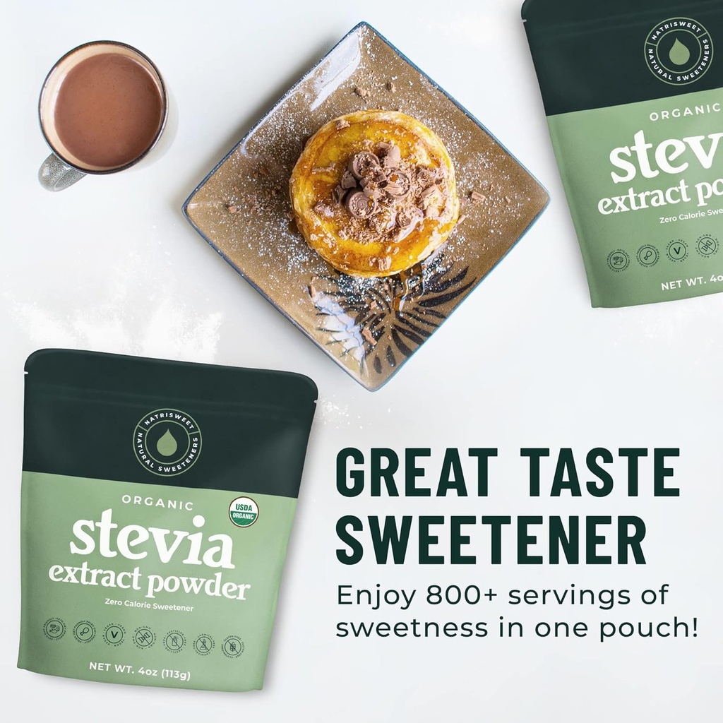 Organic 100% Pure Stevia Powder, 4 oz, Satisfies Sweet Cravings, Lowers Blood Sugar Levels for Diabetics, Bulk Powdered Stevia Extract Sweetener for Better Baking & Beverages, 800+ Servings by NatriSweet 5
