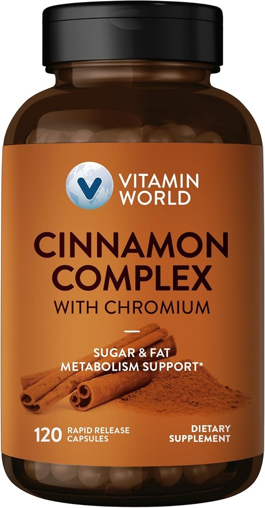 Vitamin World Cinnamon Complex with Chromium, 1000 mg Cinnamon Supplements with High-Potency Chromium for Healthy Metabolism & Antioxidant Protection, 120 Capsules, 2 Month Supply, Gluten Free 2