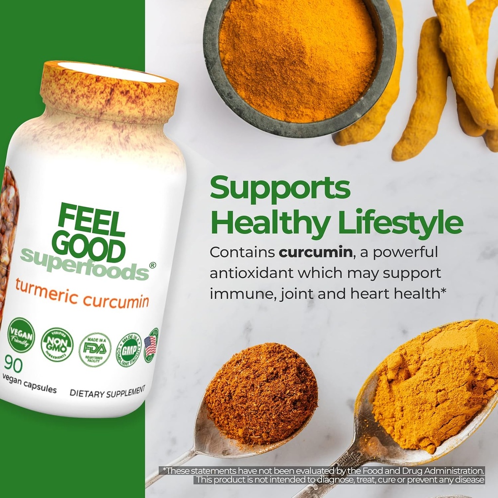 FeelGood Superfoods 1000mg Turmeric Curcumin Capsules, Fortified with 95% Curcumin Extract and Black Pepper Extract, 90 Count 5