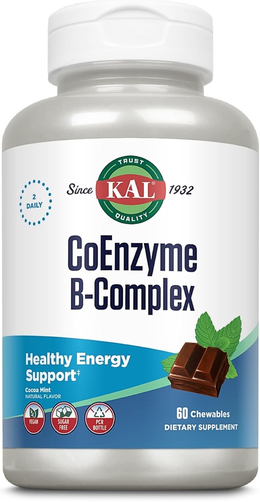 KAL CoEnzyme Vitamin B Complex, Chewable B Vitamins for Healthy Energy, Red Blood Cell and Nerve Function Support w/Vitamin B12, B6, Folic Acid, Natural Cocoa Mint, Vegan, Sugar Free, 30 Serv, 60ct 5