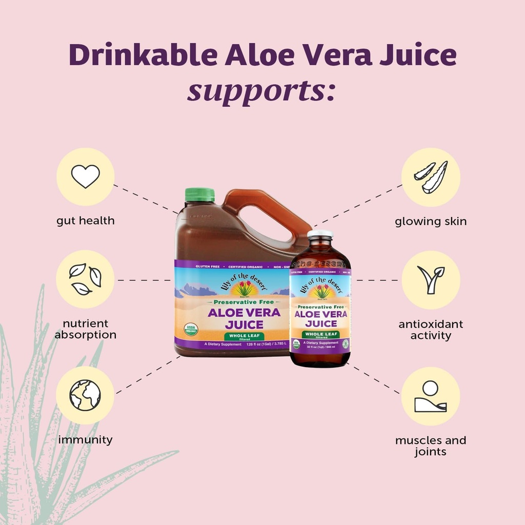 Lily of the Desert Vera Juice - Whole Leaf Filtered Aloe Vera Drink, Non-GMO Aloe Juice with Natural Vitamins, Digestive Enzymes for Gut Health, Stomach Relief, Wellness, Glowing Skin, 128 Fl Oz 4