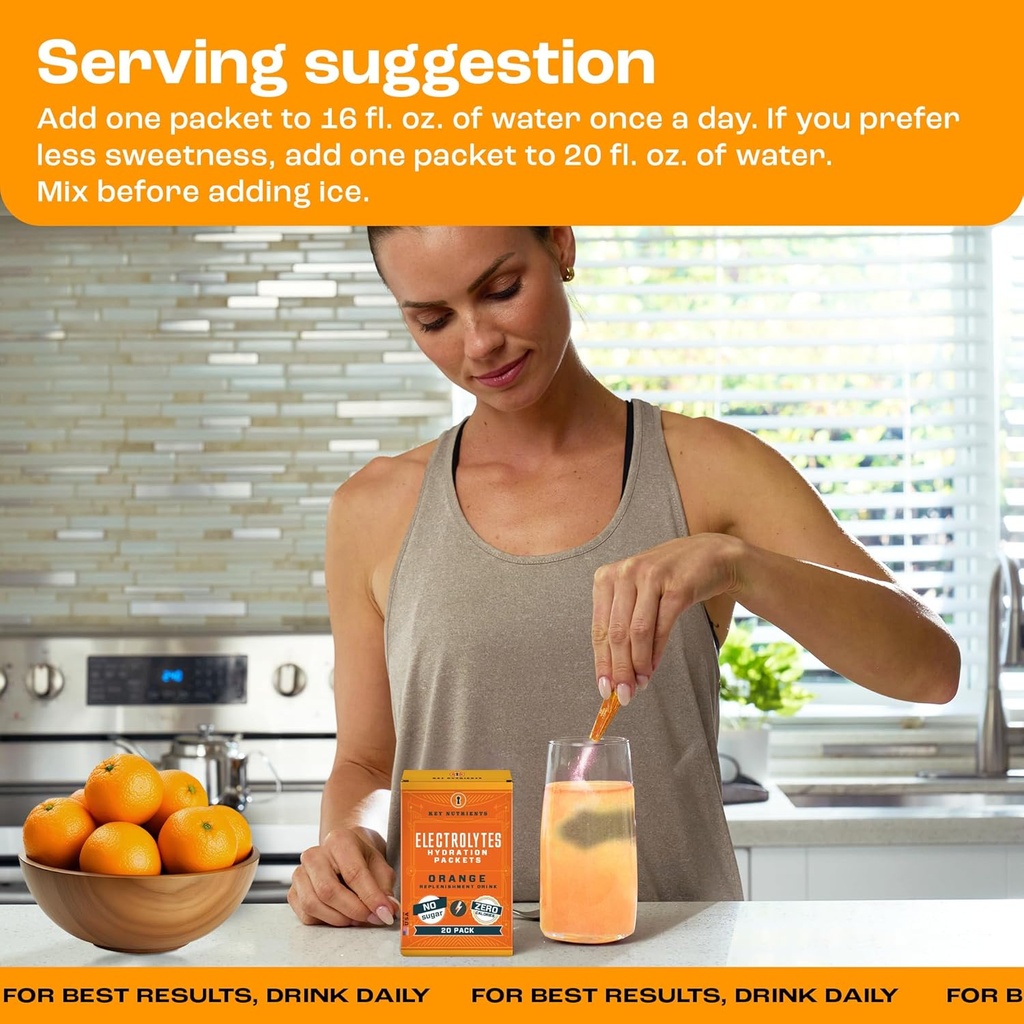 KEY NUTRIENTS Electrolytes Powder Packets 20 Pack - No Sugar, Delicious Tangy Orange, Hydration Packets with Electrolyte Powder for Refreshing Electrolyte Drink Mix Packets - Zero Calories 6