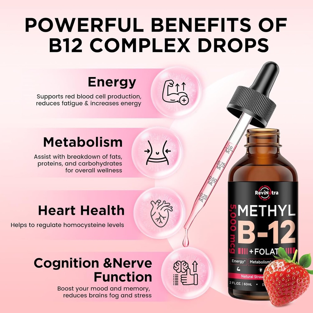 Vitamin B12 liquid Drops, B12 vitamins 5000 mcg, Vitamin B Complex Supplement with Methylcobalamin B12 Sublingual, Vitamin B6, Folate for Energy, Brain, Heart Health, Vegan Strawberry Flavor 2 Fl Oz 3