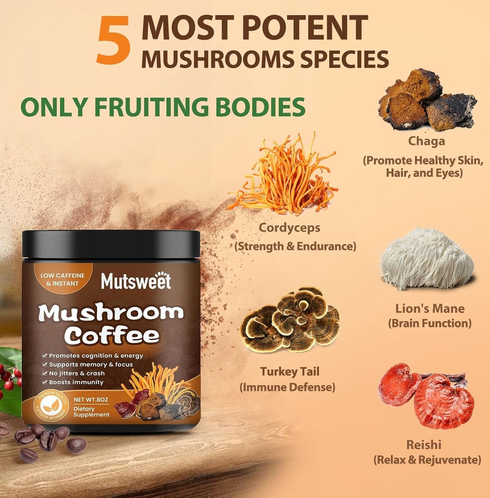 Mushroom Coffee, Powerful 12 in 1 Mushrooms Powder with Lion's Mane, Turkey Tail, Chaga & More, Immune Boosting Instant Arabica Coffee Mix with Cacao, L-Theanine for Focus, Energy 3