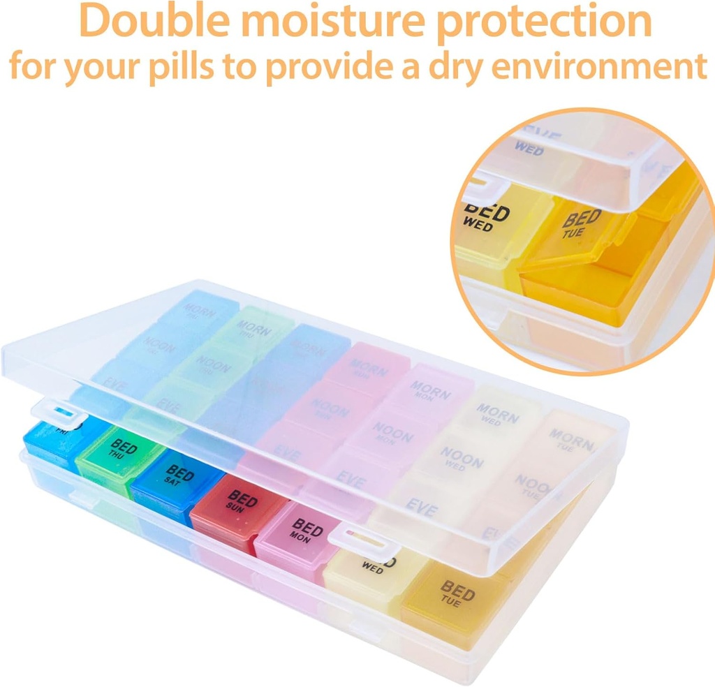 Weekly Pill Organizer 4 Times a Day, 7-Day Pill Boxes, Monthly Medication Organizer 28 Days Portable Compartments & Moisture-Proof Outer Case for Vitamins, Fish Oils, Supplements(Color) 3