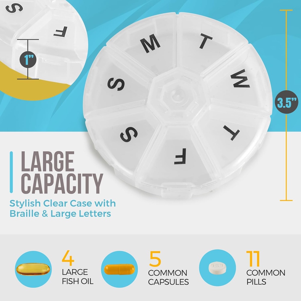 Weekly Pill Organizer - (Pack of 2) 7 Day Pills Container, Round Medicine Organizer Box, Daily Week Pill Reminder Case Travel Friendly, BPA-Free Vitamin, Supplement, Fish Oil, Medication Planner 4