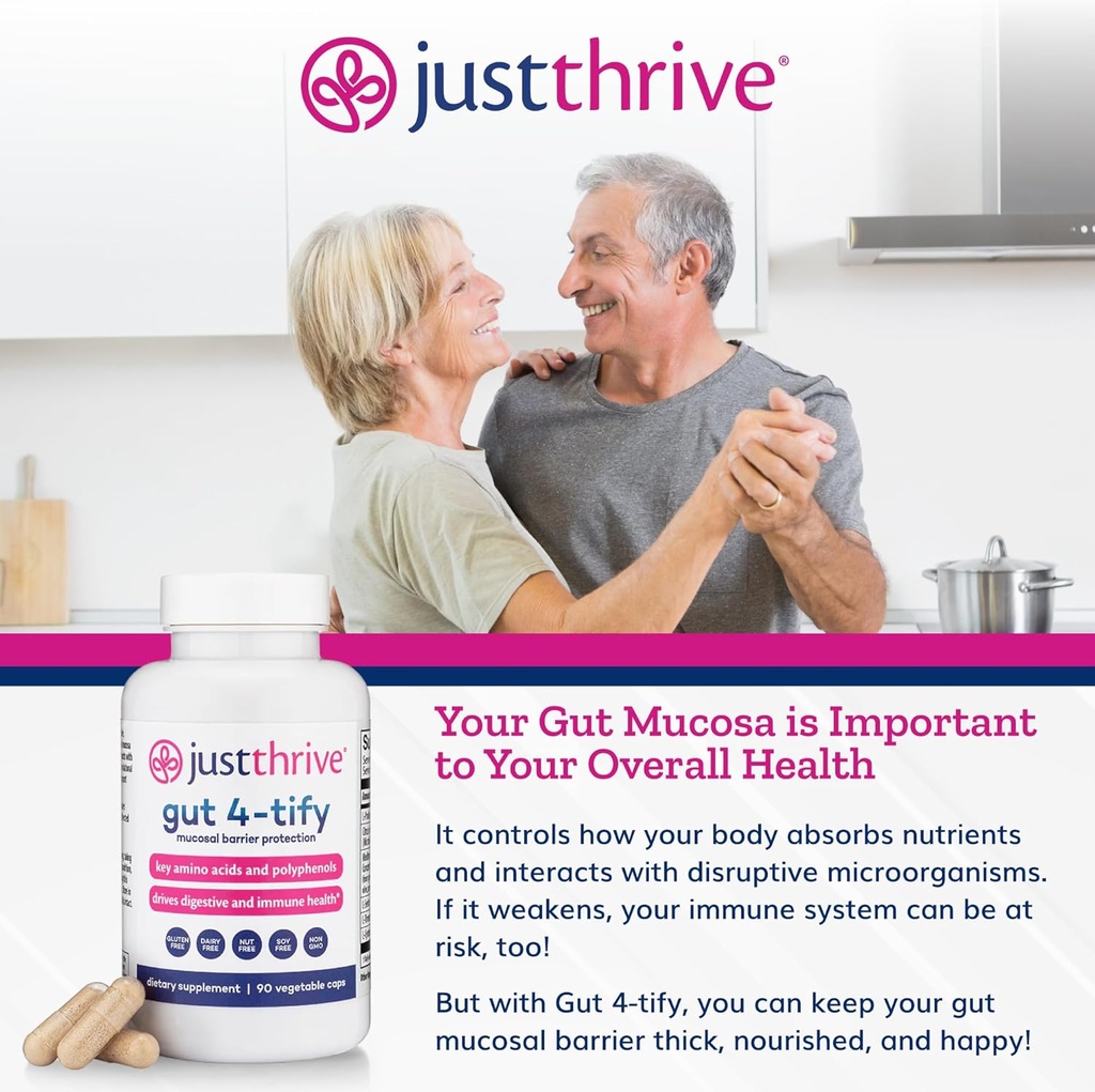 Just Thrive Gut 4-tify - Gut Health Supplements for Women and Men - Anti Bloat, 90 Vegetable Capsules 4