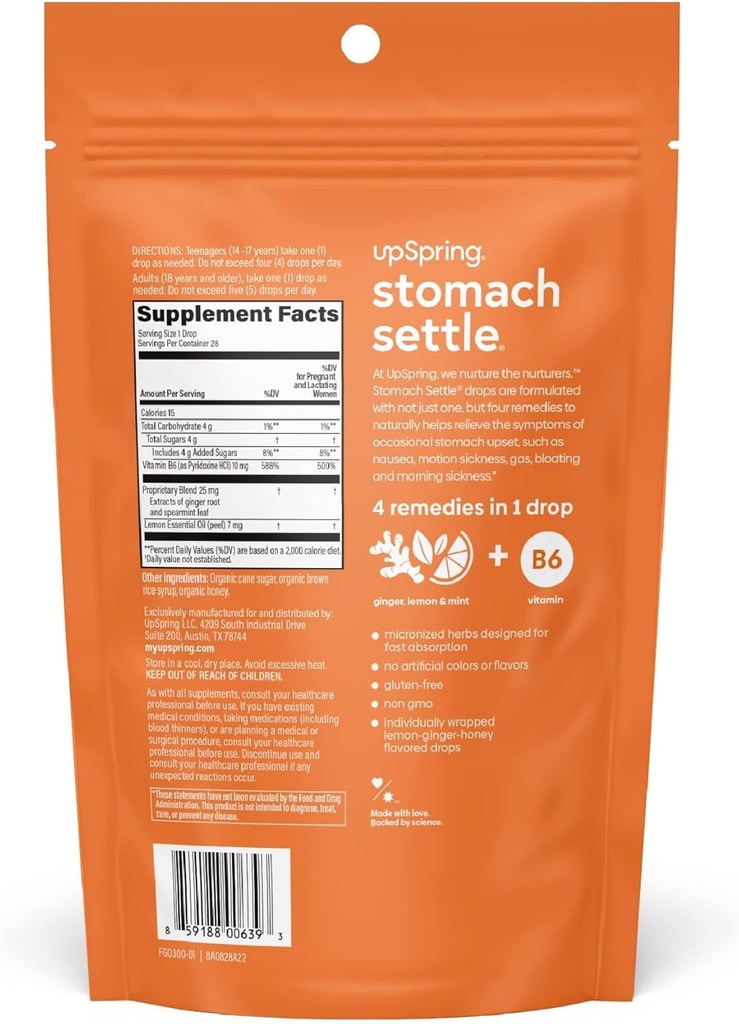 Upspring Stomach Settle Nausea Relief Drops - Fast-Acting Pregnancy Nausea Relief & Morning Sickness Relief with Ginger, Lemon, Spearmint, Honey & B6, Lemon-Ginger-Honey Flavor, 28 Drops 5