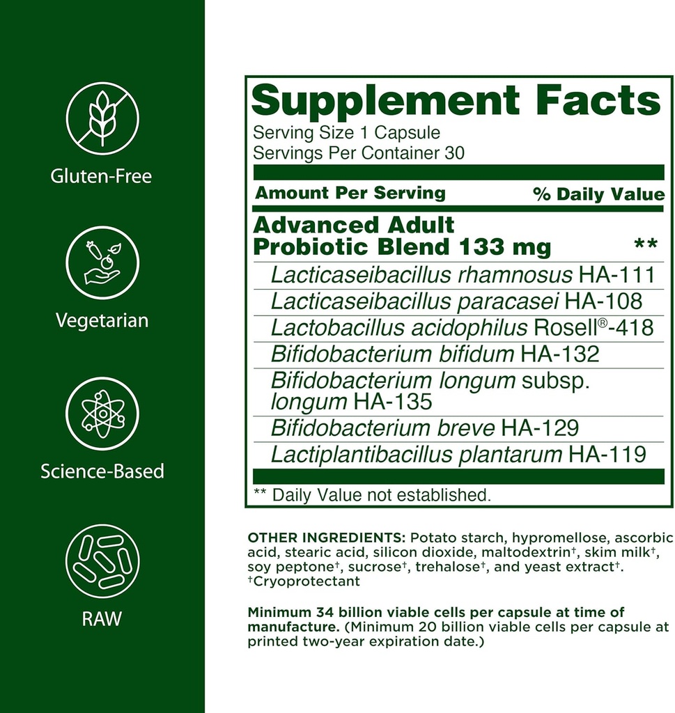 Flora - Advanced Adult's Blend Probiotic, Seven Senior-Specific Strains, Gluten Free, Raw Probiotic with 34 Billion Cells, 30 Capsules 3