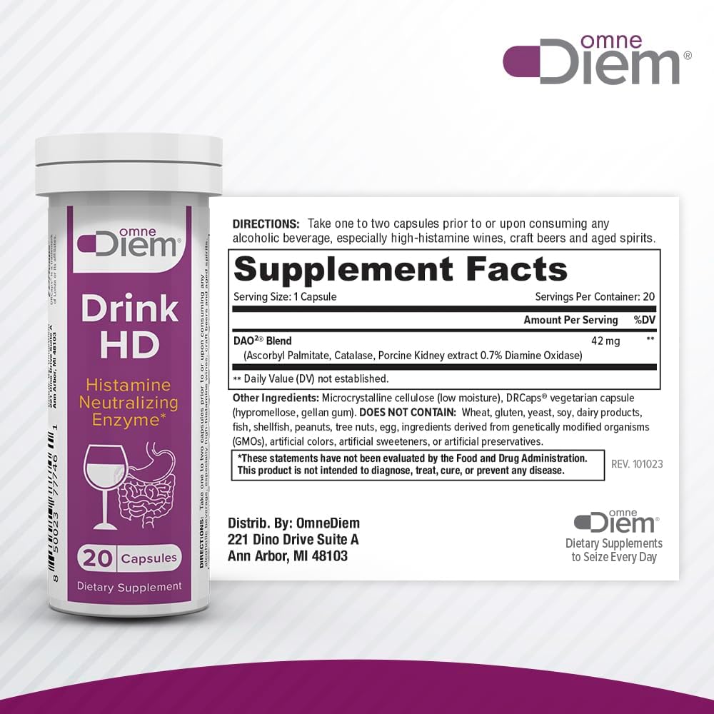 OmneDiem Drink HD Dietary Supplement: Natural Histamine Neutralizing & Digesting Enzyme – Diamine Oxidase DAO, 20 Capsules 3