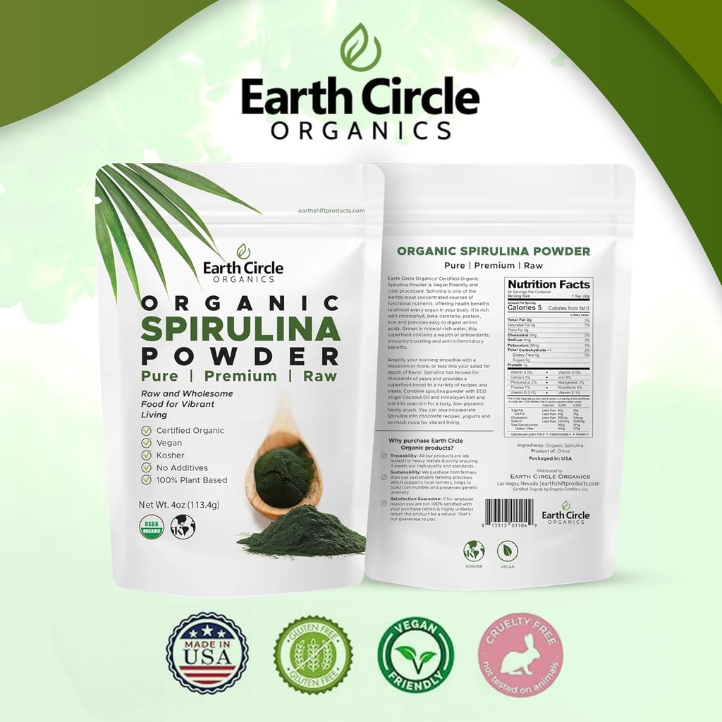 Earth Circle Organics Spirulina Powder, Kosher, Raw and Non-Irradiated | Pure Vegan Protein | Premium Superfood, High in Amino Acids and Antioxidants - 4 Ounce (2 Packs) 6