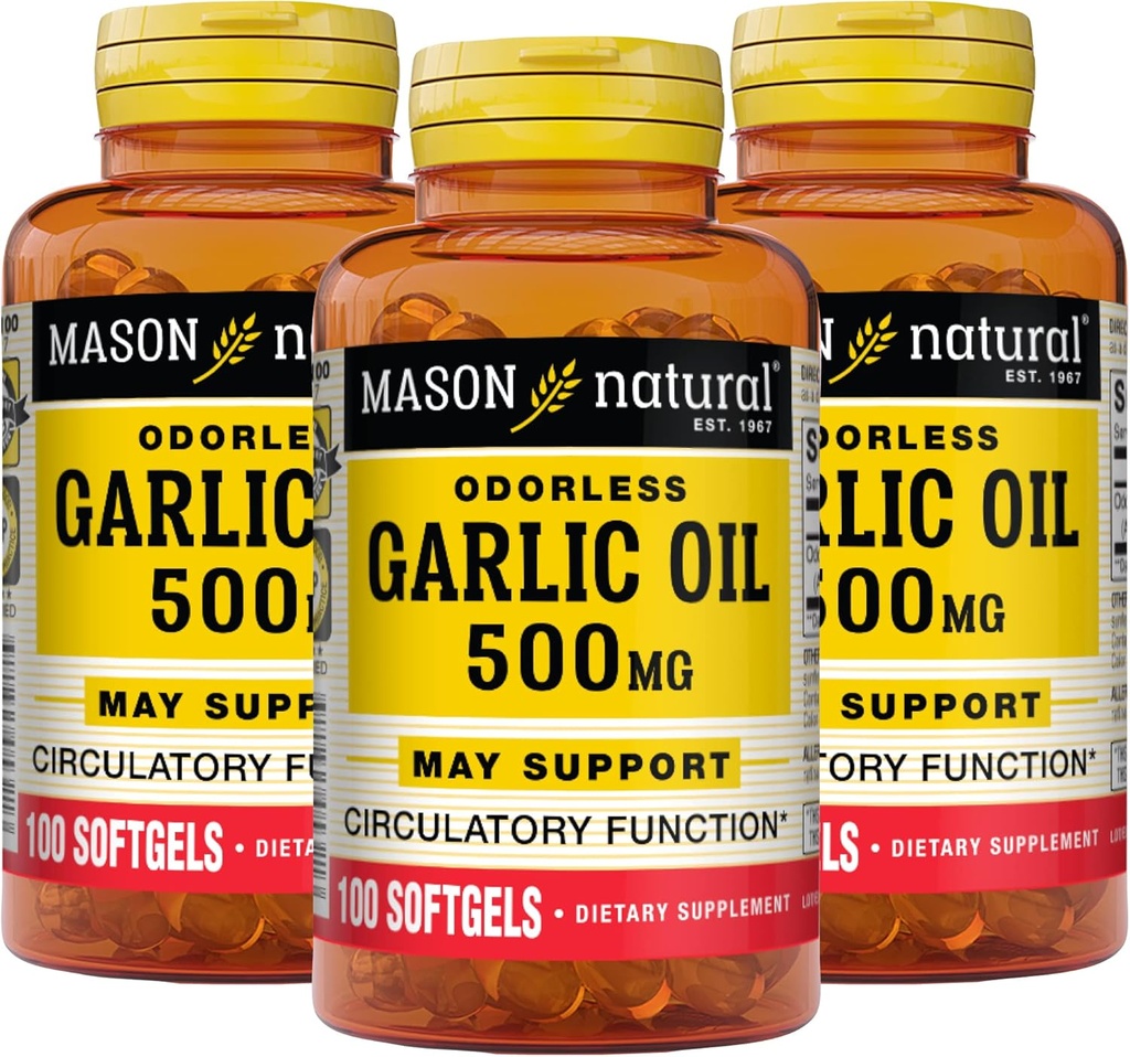 MASON NATURAL Garlic Oil 500 mg Odorless Allium Sativum Supplement – Supports General Wellness, 100 Softgels (Pack of 3) 2