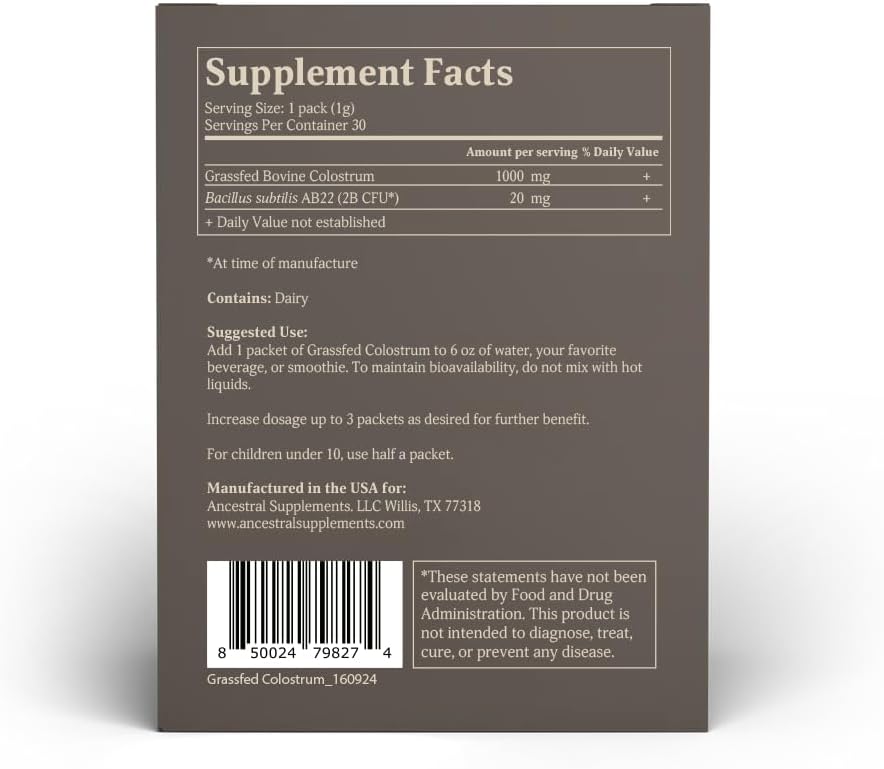 Ancestral Supplements Grass Fed Beef Bovine Colostrum Powder Packets, Immune Support Supplement, Gut, Skin & Hair Health Support Supplements, Promotes Growth and Repair, Non GMO, 30 Sticks, Unflavored 3