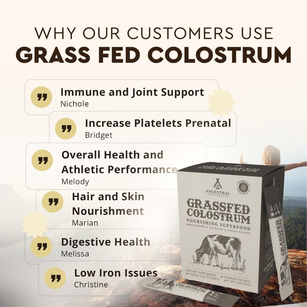 Ancestral Supplements Grass Fed Beef Bovine Colostrum Powder Packets, Immune Support Supplement, Gut, Skin & Hair Health Support Supplements, Promotes Growth and Repair, Non GMO, 30 Sticks, Unflavored 6