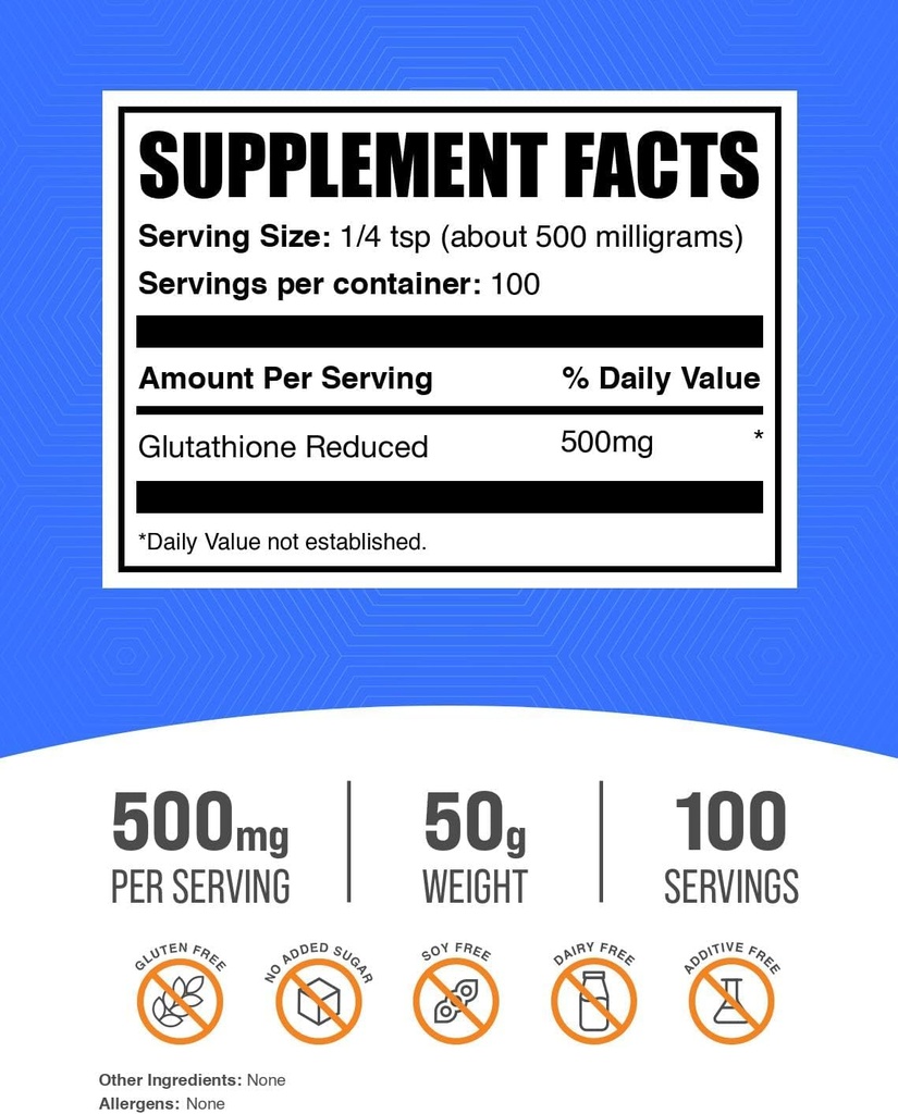 BulkSupplements.com Glutathione Reduced Powder - Glutathione Supplement, Reduced Glutathione Powder - Glutathione 500mg, Gluten Free, 500mg per Serving, 50g (1.8 oz) (Pack of 1) 3