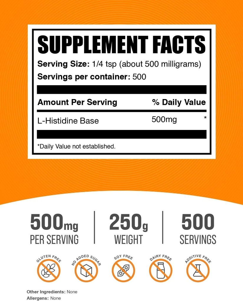 BulkSupplements.com L-Histidine Powder - as L-Histidine Base, Histidine Supplement - Essential Amino Acid & Gluten Free, 500mg per Serving, 250g (8.8 oz) (Pack of 1) 3