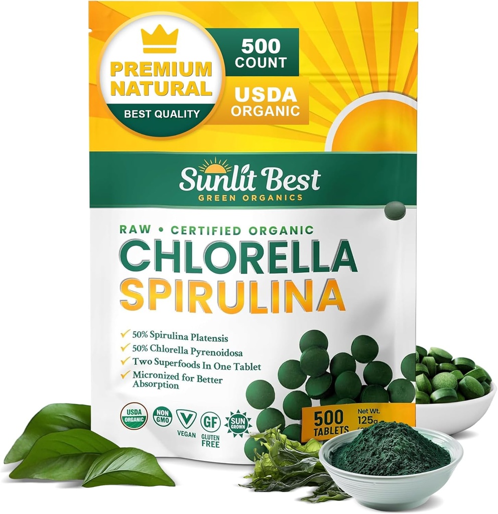 Sunlit Best Chlorella Spirulina Tablets - Organic USDA, Premium Spirulinas and Chlorella Capsules 500 Pills - Chlorellas Natural Superfood with Spirulina Algae, Enzymes Chlorophyll & Vegan Protein 2
