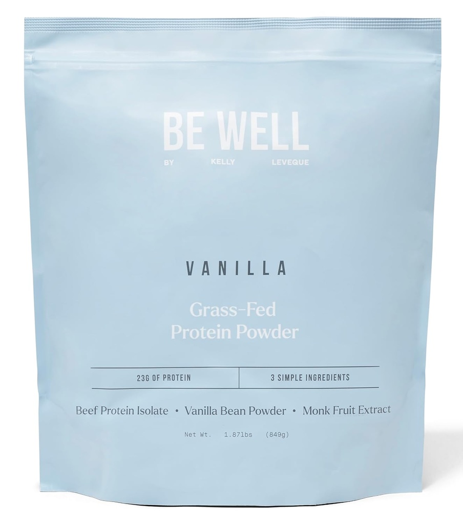 Be Well by Kelly Vanilla Grass-Fed Beef Protein Powder, 23G of Protein & Zero Carbs (3 Ingredients, 30 Servings) 9 Amino Acids + 3 BCAAs No Soy, No Dairy, Stevia-Free, No Sugar Added 1.87lb 849g 2