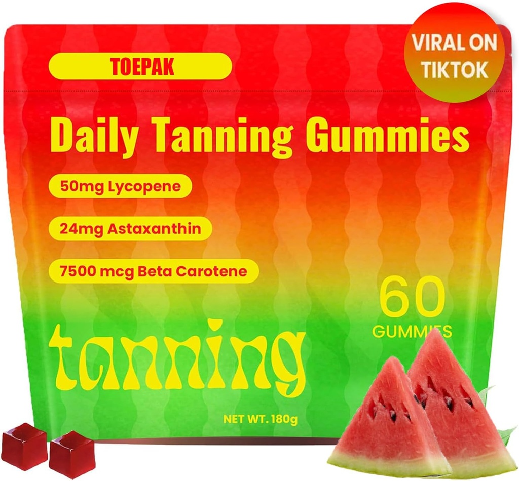 60 Pcs Natural Tanning Gummies, Astaxanthin 24mg Lycopene 50mg Plus Beta Carotene 7500 mcg, Best Astaxanthin Supplements for Skin Health & Glow, Non-GMO, Sour Watermelon Flavor 2