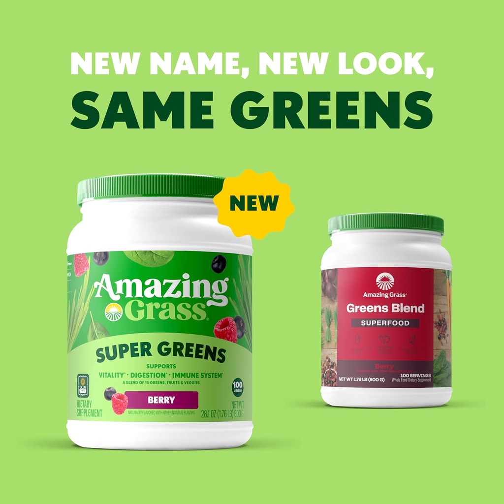 Amazing Grass Greens Blend Superfood: Super Greens Powder with Spirulina, Chlorella, Beet Root Powder, Digestive Enzymes, Prebiotics & Probiotics, Berry, 100 Servings (Packaging May Vary) 4