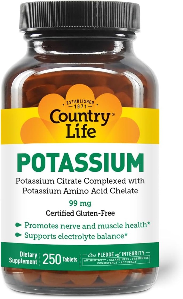 Country Life Potassium 99 mg Tablets - Chelated for Enhanced Absorption, Supports Neuromuscular Function & Electrolyte Balance, Certified Gluten Free, Vegan, Kosher, 250 Tablets 2