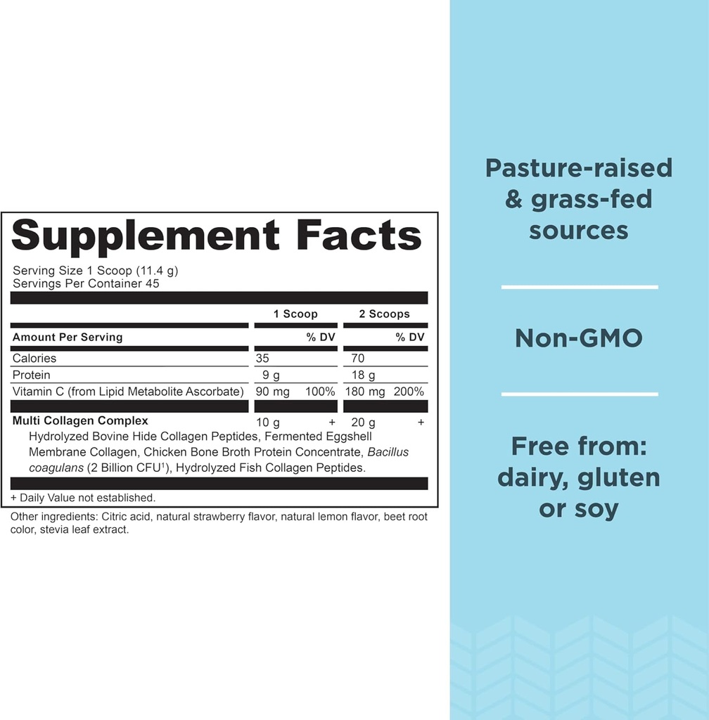 Ancient Nutrition Hydrolyzed Collagen Peptides Powder with Probiotics, Strawberry Lemonade Multi Collagen Protein for Women and Men with Vitamin C, 45 Servings, Supports Skin and Nails, Gut Health, 18 3