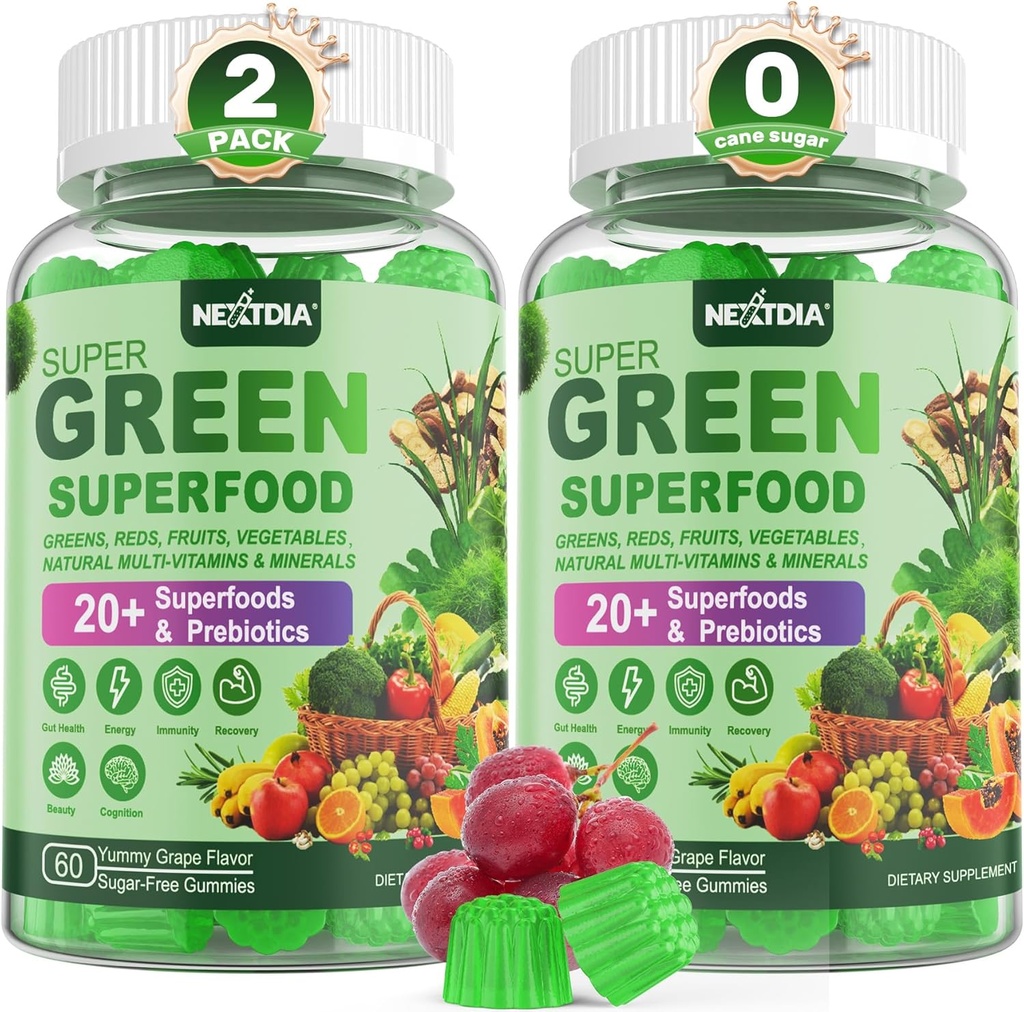 Super Greens Gummies, Greens Superfood Powder Alternative w/Spirulina, Chlorella, Prebiotic Fiber, Probiotic, Fruit Veggie, Daily Fruit Vegetable for Digestive & Gut Health, Immunity, Focus, 120 Cts 2