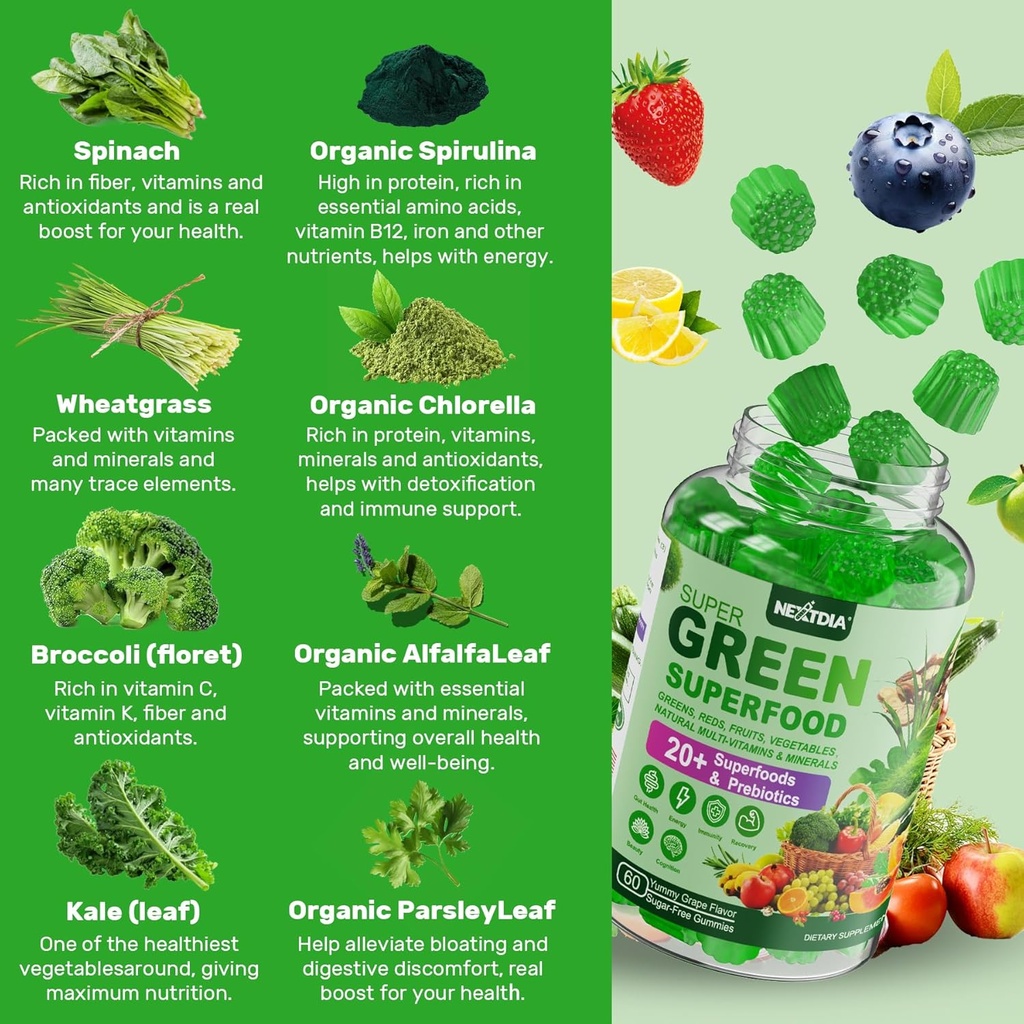 Super Greens Gummies, Greens Superfood Powder Alternative w/Spirulina, Chlorella, Prebiotic Fiber, Probiotic, Fruit Veggie, Daily Fruit Vegetable for Digestive & Gut Health, Immunity, Focus, 120 Cts 4