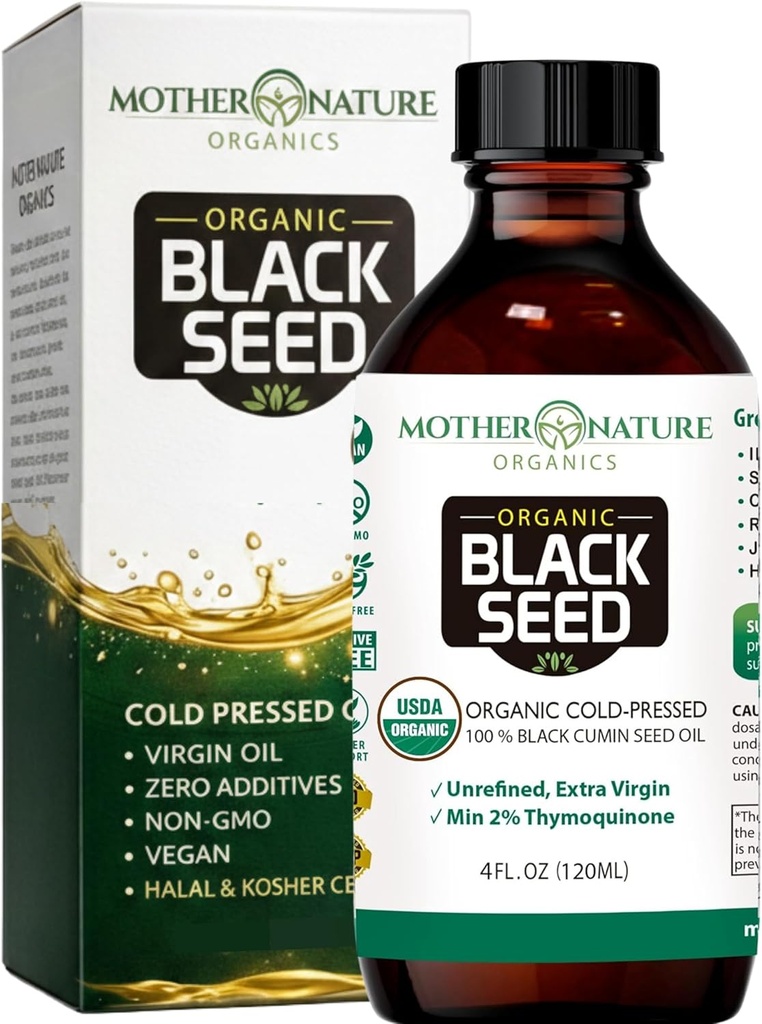 Mother Nature USDA Organic Black Seed Oil – Cold Pressed, Unrefined & Vegan Nigella Sativa, High Thymoquinone (2%+), Omega 3 6 9 for Immune, Joint & Heart Support, Hair & Skin, Non-GMO, 4oz 2