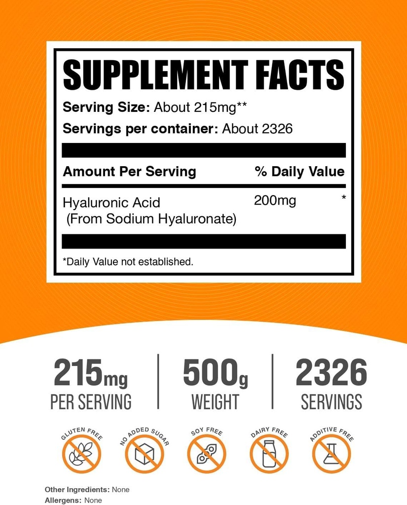 BulkSupplements.com Hyaluronic Acid Powder - as Sodium Hyaluronate, Hyaluronic Acid Supplements - Food Grade, Gluten Free - 215mg per Serving, 500g (1.1 lbs) (Pack of 1) 3