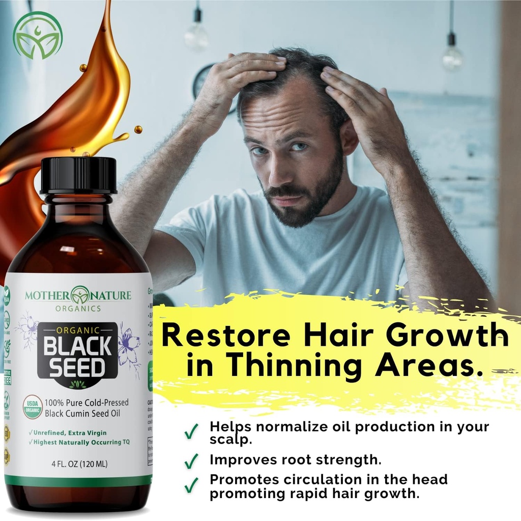Mother Nature USDA Organic Black Seed Oil – Cold Pressed, Unrefined & Vegan Nigella Sativa, High Thymoquinone (2%+), Omega 3 6 9 for Immune, Joint & Heart Support, Hair & Skin, Non-GMO, 4oz 4