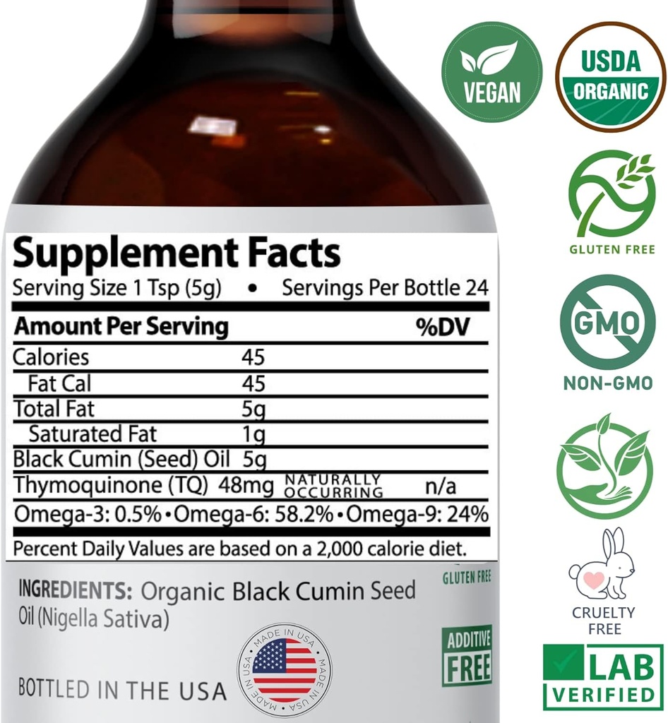 Mother Nature USDA Organic Black Seed Oil – Cold Pressed, Unrefined & Vegan Nigella Sativa, High Thymoquinone (2%+), Omega 3 6 9 for Immune, Joint & Heart Support, Hair & Skin, Non-GMO, 4oz 6